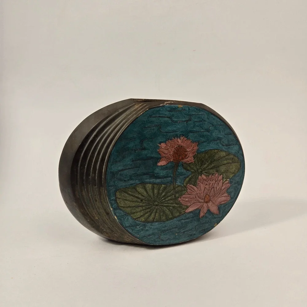 Vintage Indian Brass Cloisonne Lotus Flower Flat Oval Vase Decorated Metal